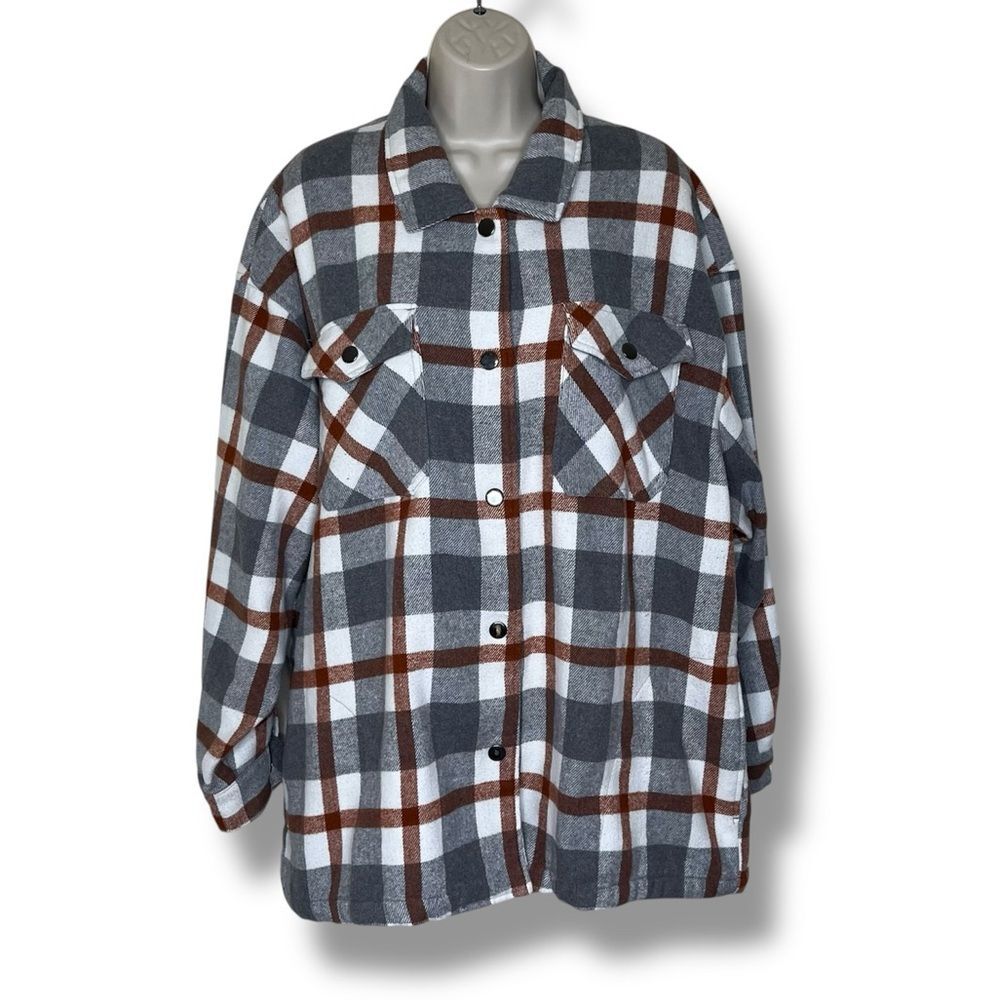 HFX Wool Blend Plaid Snap Front Shacket Gray Rust White Long Sleeve Women XL